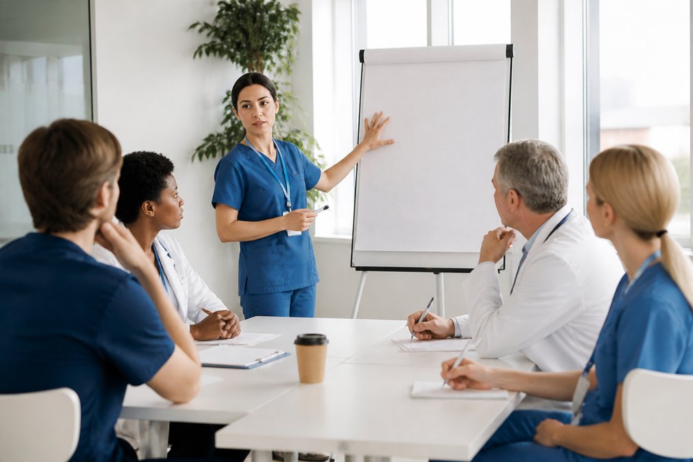 A group of healthcare professionals in a bright training room, one person facilitating at a flip chart while others take notes and discuss