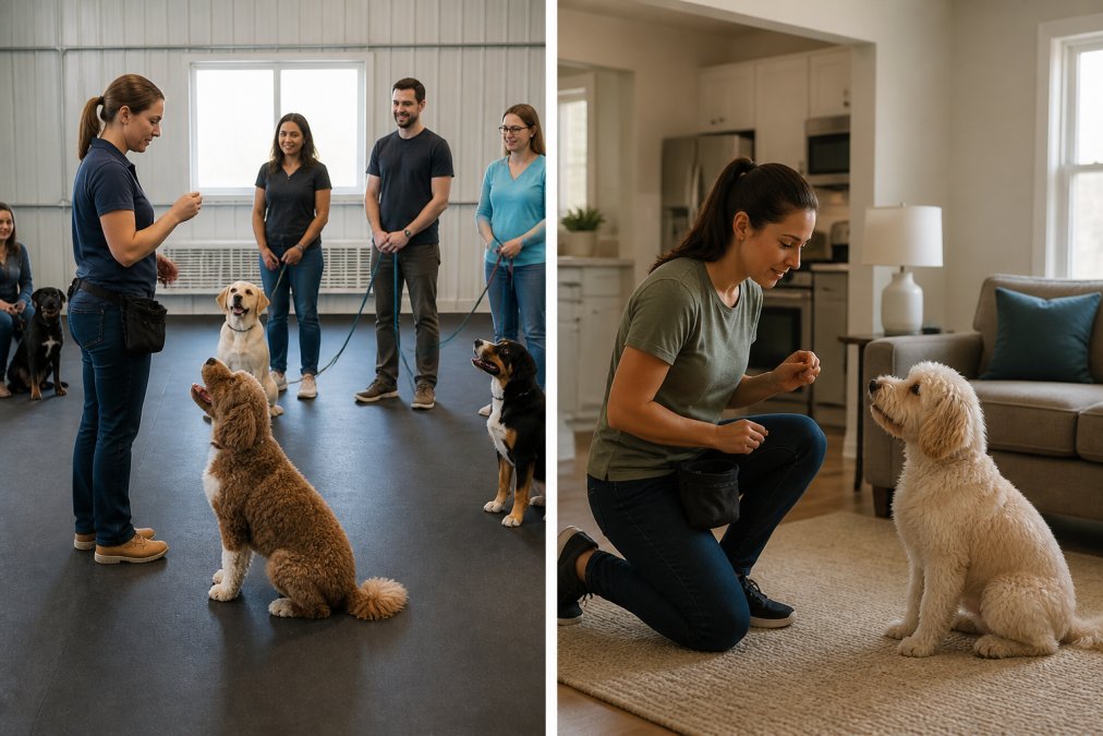 Professional trainer leading a group obedience class with treats to manage dog obedience training cost effectively.