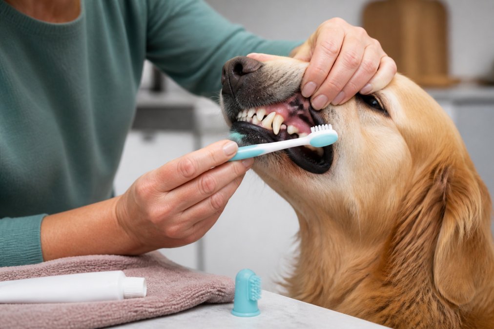 A close-up of a person's hand gently lifting a calm dog's lip to brush its teeth with a small pet toothbrush, showing the proper angle for brushing the outer surfaces in soft natural light