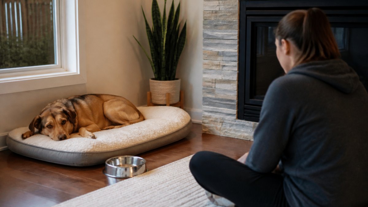 Calm rescue dog resting on a bed as part of professional dog training for rescue dogs in a quiet living room