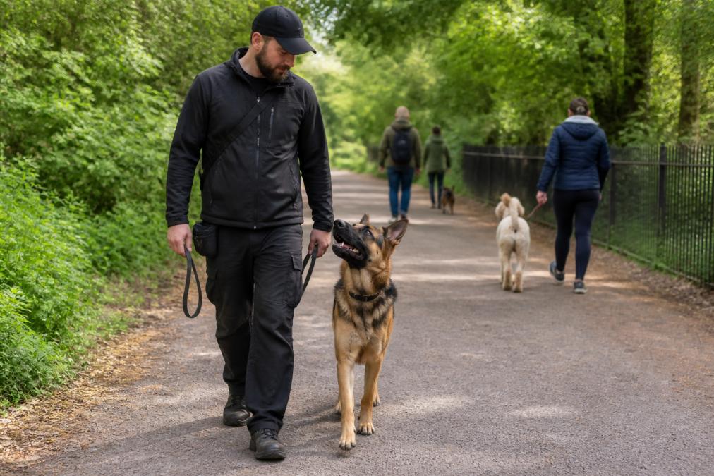 A dog handler in outdoor clothing working with a German Shepherd on a loose lead along a busy footpath, the dog focused calmly on the handler despite other dogs visible in the background, photographed in natural daylight on a tree-lined path