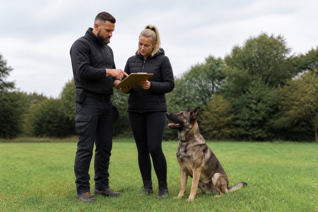A dog owner and professional trainer standing together outdoors reviewing a training plan on a clipboard, a working-breed dog sitting attentively at heel beside them in a green open space on a bright overcast day