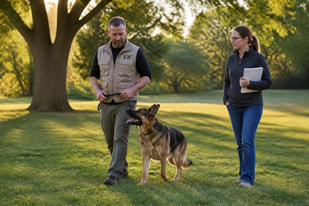 A professional dog trainer in a canvas vest guiding a German Shepherd on a loose leash through a grassy park at golden hour, while a dog owner in casual clothes stands nearby holding a notebook and watching the handler's hand position