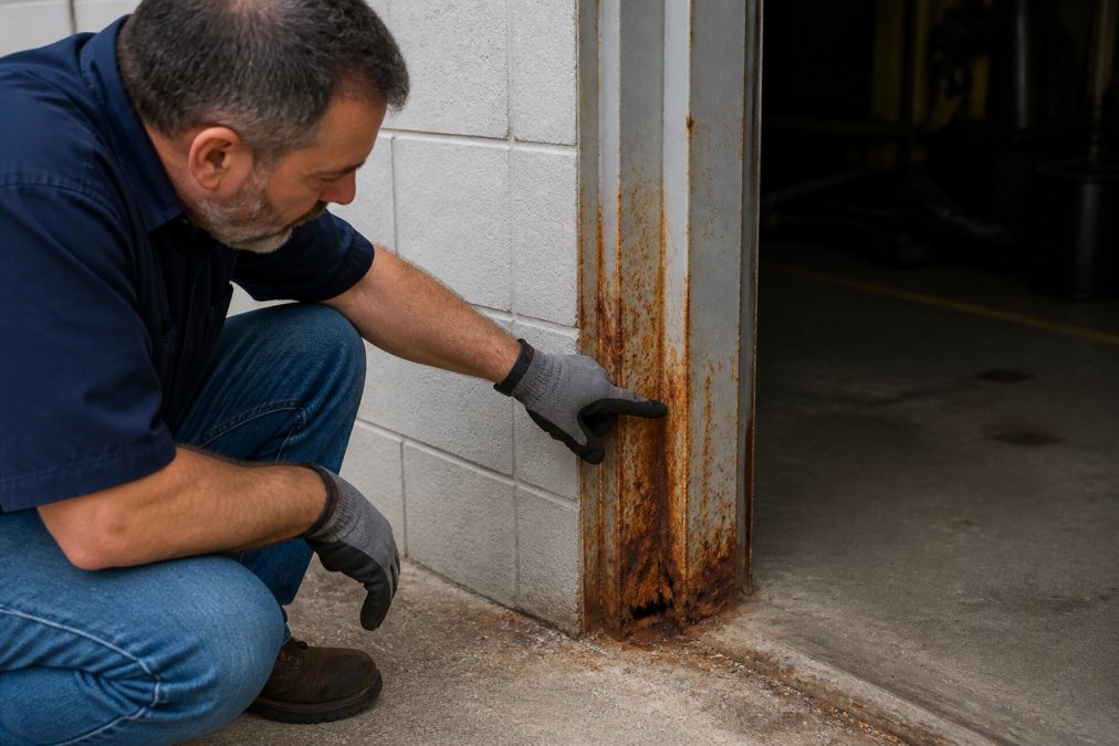 Professional technician in work gloves examining a corroded steel door jamb at ground level, pointing to rust damage with visible orange oxidation stains on the frame surface