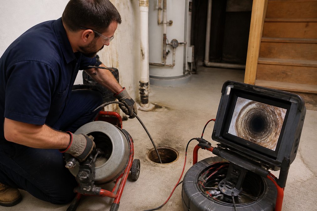 A licensed plumber in work uniform operating a drain snake auger through a basement cleanout access point, with a video camera inspection monitor visible nearby showing the inside of a pipe