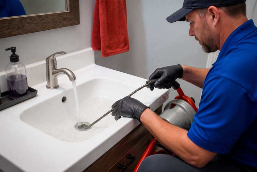 Professional plumber using a drain snake tool in a residential bathroom sink, demonstrating the equipment and technique with water running, showing the mechanical auger being inserted into the drain