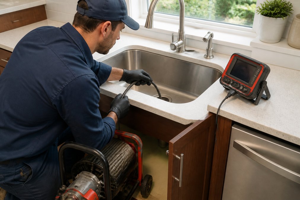Licensed plumber using a professional plumbing snake in a residential kitchen sink, with diagnostic equipment and meter visible on the stainless steel counter in natural daylight