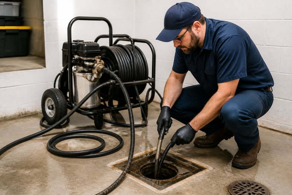 A licensed plumber in work uniform operating high-pressure hydro jetting equipment beside an open basement floor drain, coiled hose and control unit visible, clean residential setting