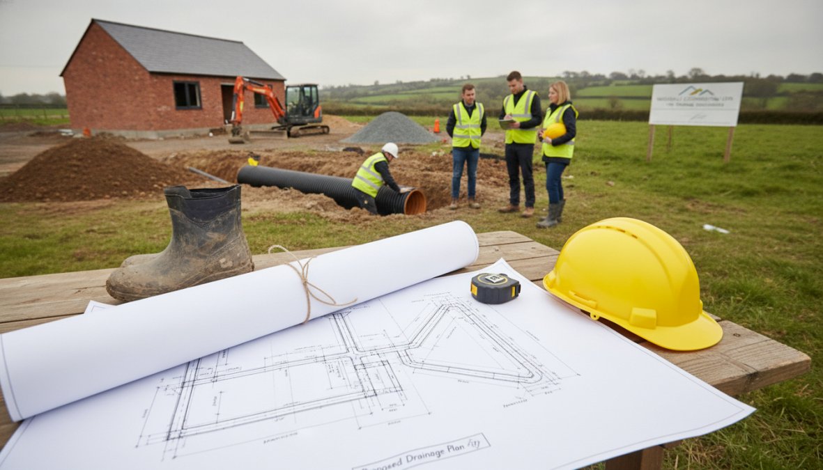 Drainage engineer conducting a site survey with topographic equipment and clipboard on a residential property, examining ground conditions and taking measurements