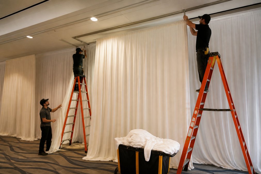 Professional installers mounting large drapes on ceiling tracks in a spacious venue, showing proper hardware alignment and team coordination during setup
