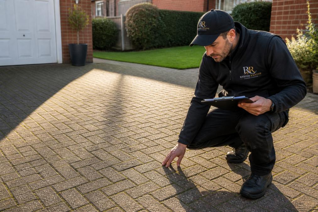 A professional exterior cleaning contractor in branded work uniform conducting a detailed site inspection of a residential driveway, holding a clipboard and examining the surface closely, with morning sunlight casting shadows across the driveway