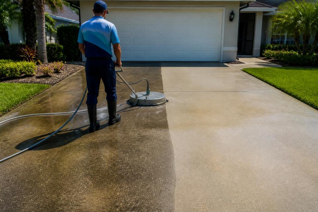 A professional technician in a branded uniform operating a commercial surface cleaner on a concrete driveway, with a visible clean half and dirty half showing the before-and-after contrast under bright Florida midday sunlight