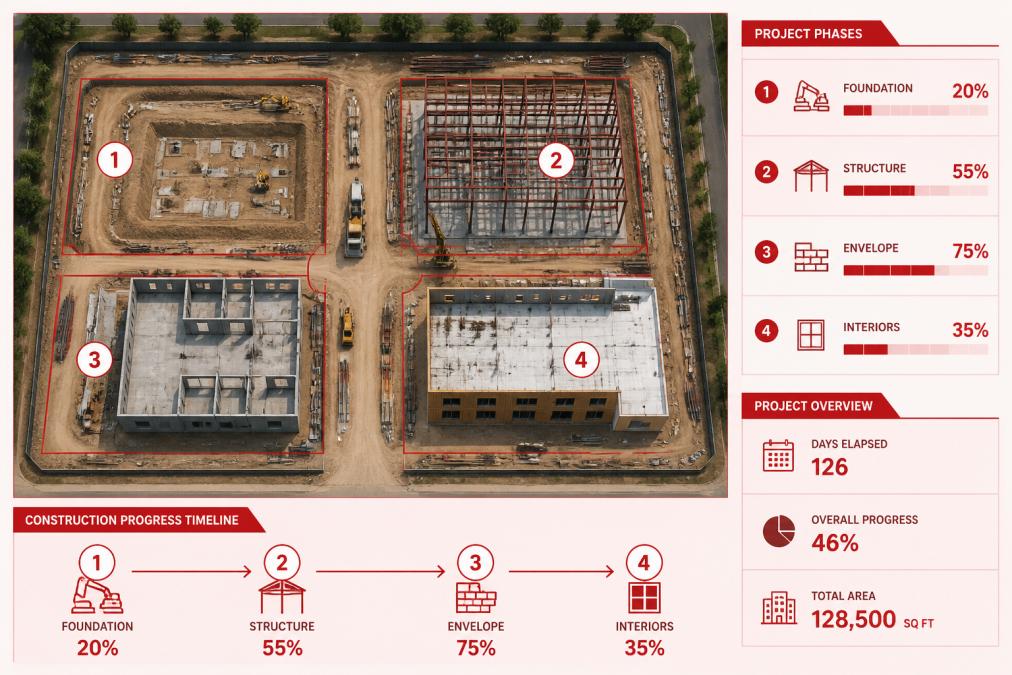 Active construction site with multiple buildings under development, steel framework visible, heavy equipment positioned throughout, captured from directly above showing site layout and phase progression