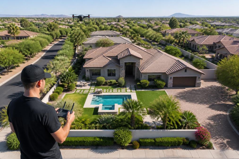 Professional drone operator capturing aerial bird's-eye view of residential property showing complete roofline, manicured landscaping, driveway, pool area, and surrounding neighborhood context from above