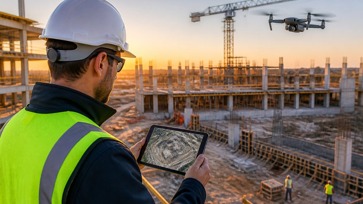 A construction manager in a hard hat and safety vest reviewing a tablet displaying a 3D site model, with a drone hovering in the background over an active construction site at golden hour