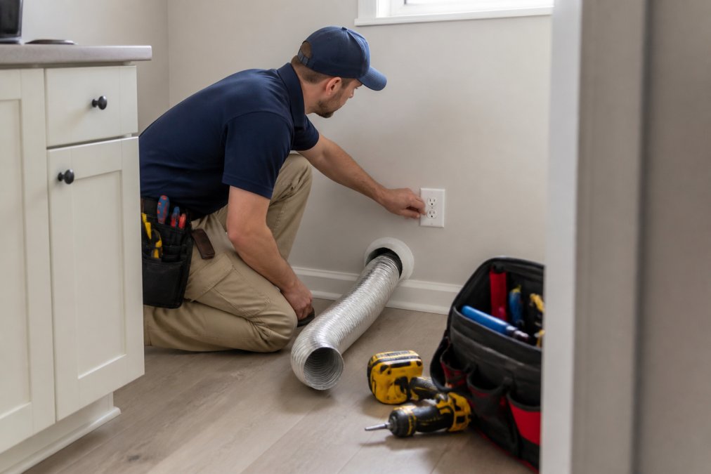 Technician inspecting a vent hose and outlet to ensure efficient dryer installation time in a laundry room.