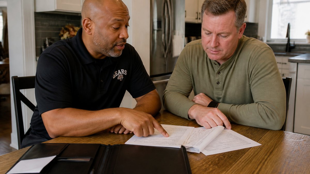 Homeowner reviewing detailed service agreement paperwork at kitchen table while professional electrician in branded work shirt points to specific contract terms