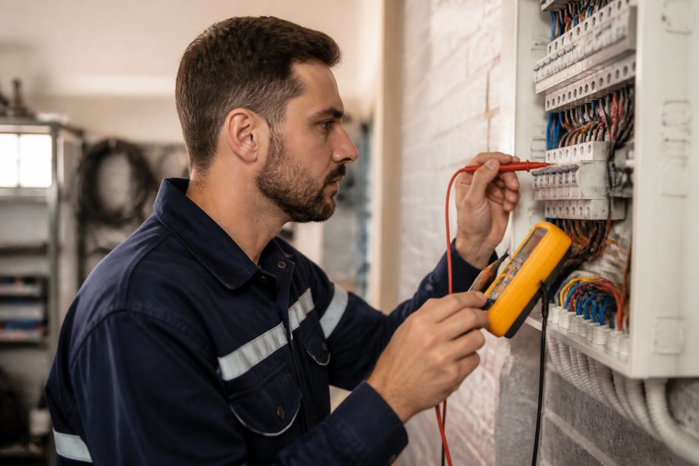 Qualified electrician in work uniform inspecting a switchboard with a multimeter, focused expression, bright workshop lighting