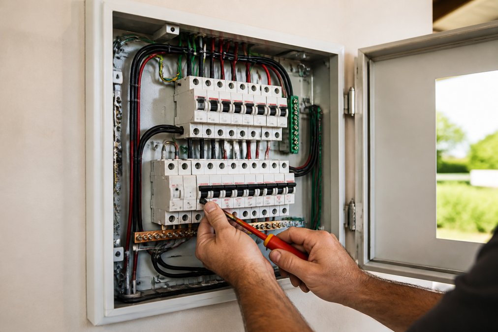 Modern switchboard installation with safety switches and circuit breakers visible, technician's hands working on connections, clean residential setting