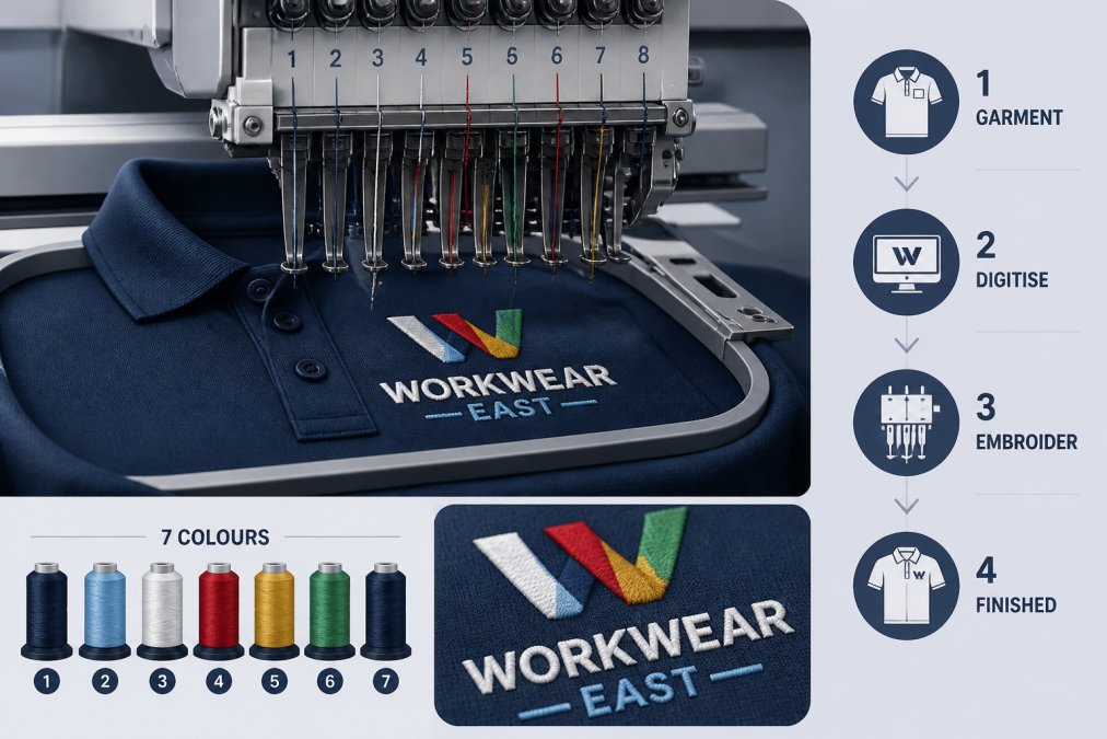 Professional embroidery machine stitching a multi-colour company logo onto a navy polo shirt, showing needle detail and vibrant thread colours in sharp focus under workshop lighting