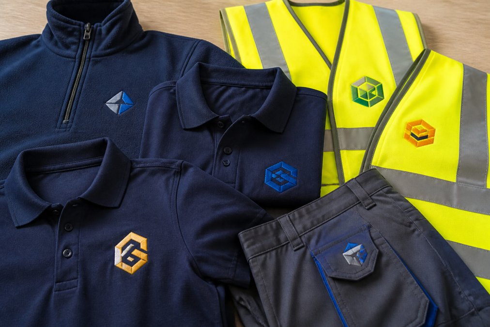 Flat lay of assorted workwear items including embroidered navy polo shirts, hi-vis safety vests with company logos, and grey work trousers, all displaying professional embroidered branding in natural studio lighting
