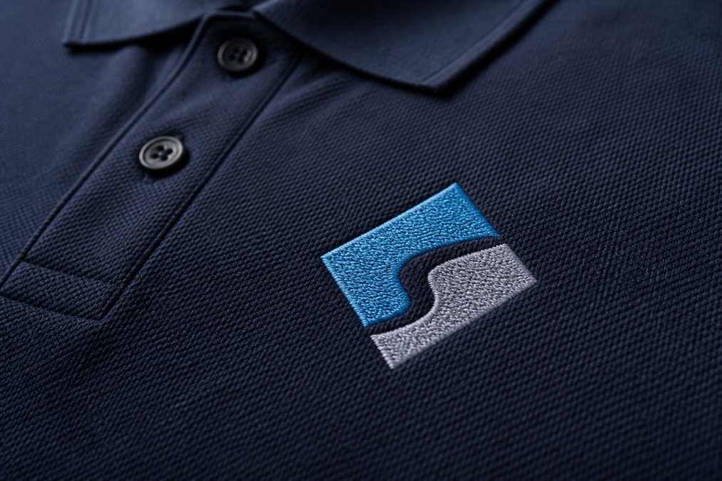 Close-up of embroidered logo on professional polo shirt showing fine thread detail and precision stitching on piqué fabric with natural lighting