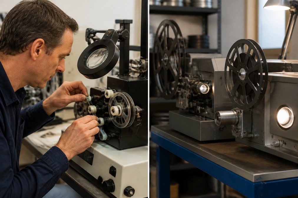 Professional technician loading 8mm film reels onto frame-by-frame scanning equipment with precision optical sensors and calibrated lighting, examining the film path through magnified viewfinder