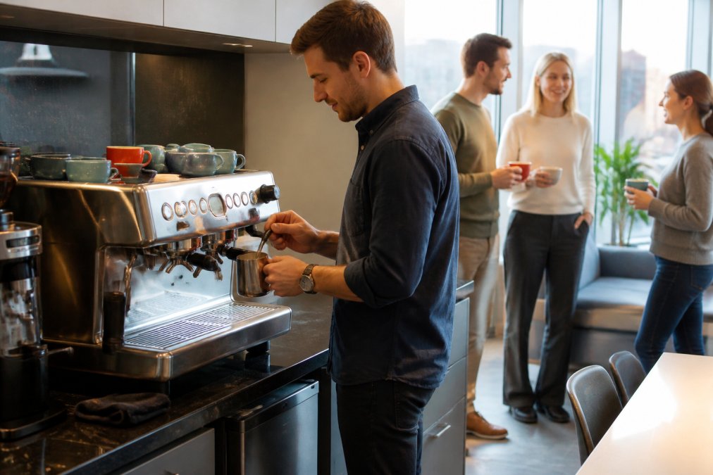 Modern office break room with professional stainless steel espresso machine on the counter, employee preparing a cappuccino with warm natural lighting from windows