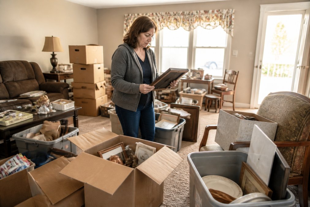 Family member standing in a cluttered living room with stacked boxes, furniture, and personal belongings scattered throughout, thoughtfully reviewing items to sort, natural afternoon light streaming through windows