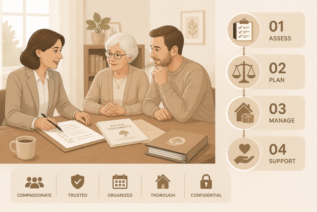 Professional estate clearing consultant having a compassionate consultation with an elderly client and adult child in a home study, reviewing estate documents and discussing options at a wooden table with natural light