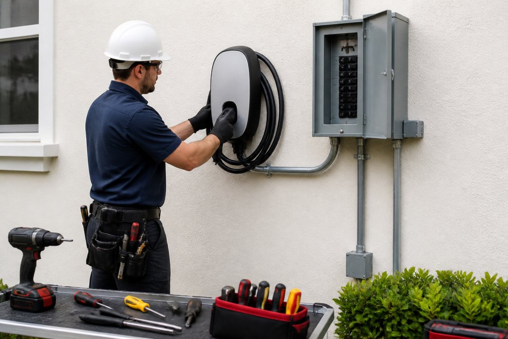 Licensed electrician in safety gear installing a hardwired Level 2 EV charger on the exterior wall of a residential home, with conduit, breaker box visible, and professional tools arranged on a work surface