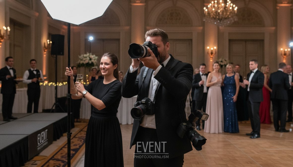 Professional photographer capturing candid moments at a formal corporate gala with attendees in evening attire, professional lighting setup visible, and ambient event lighting in background