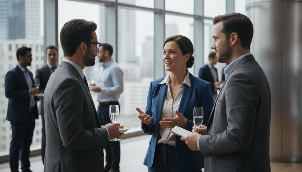 Professional event photographer with a long lens capturing candid moments of attendees networking at a corporate conference in a Washington DC ballroom, warm overhead lighting and crowd in background