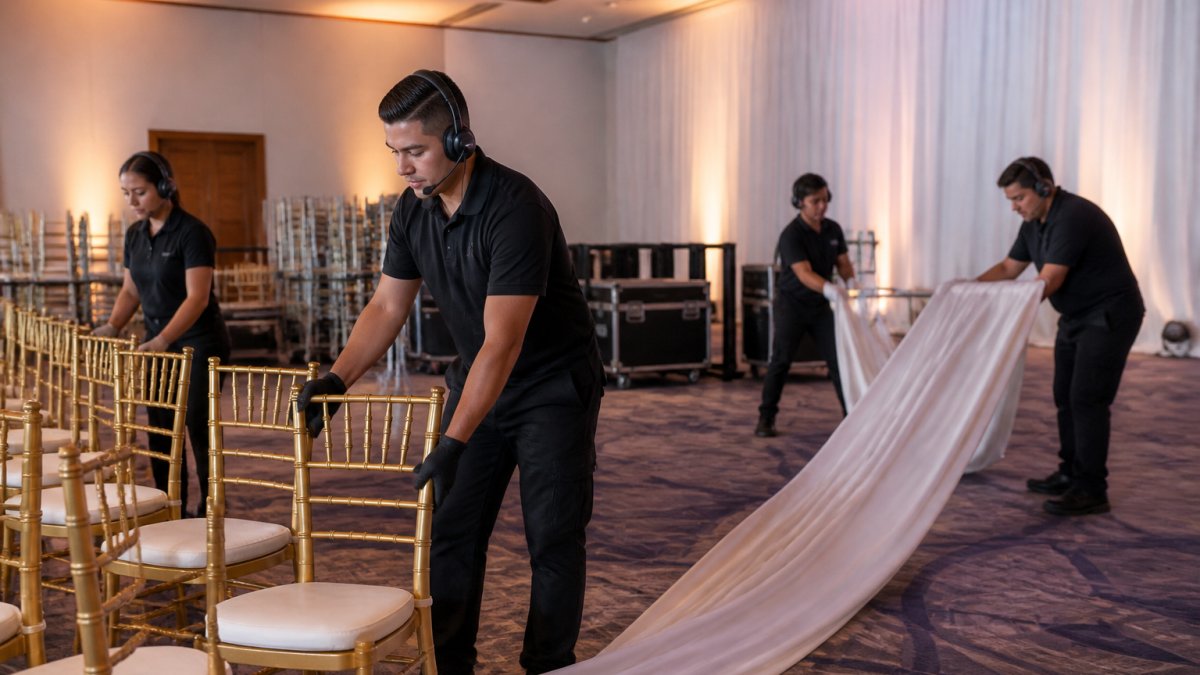 Event crew in black polo shirts arranging gold Chiavari chairs and rolling out white drape in a large ballroom with warm uplighting, all wearing headsets and moving with purpose