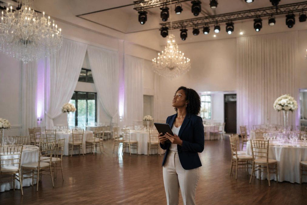Event planner taking notes on a tablet during an event venue booking site visit to inspect the layout.
