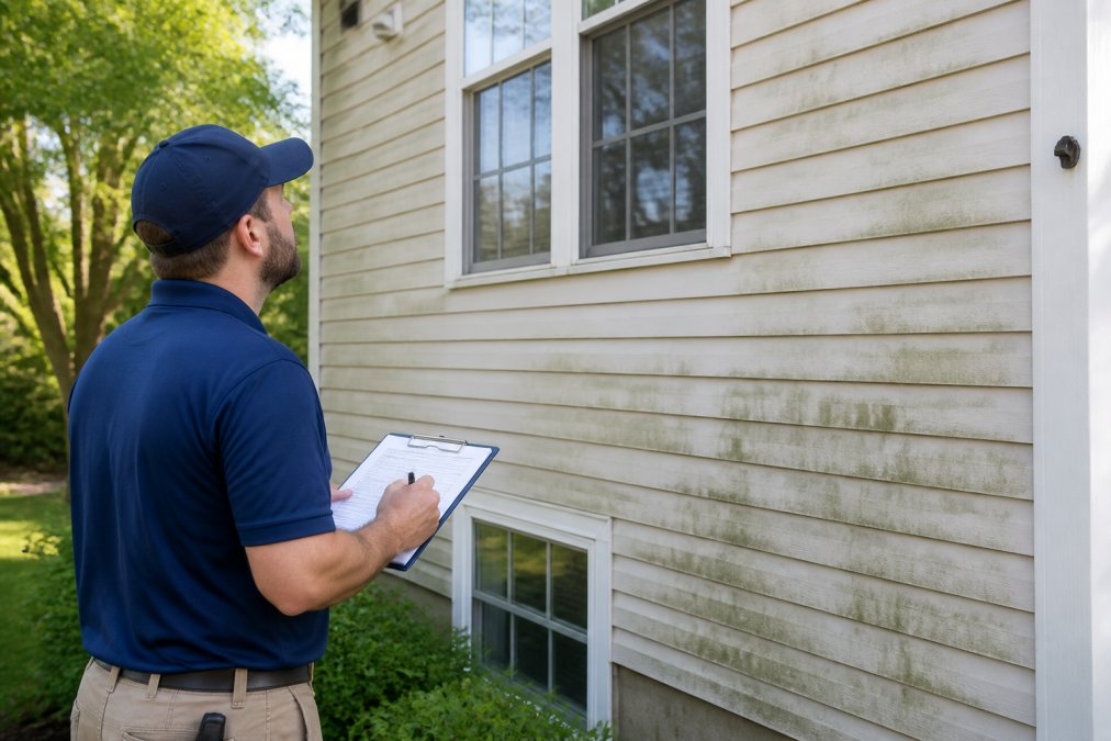 Professional contractor inspecting residential siding to provide an accurate exterior cleaning cost estimate