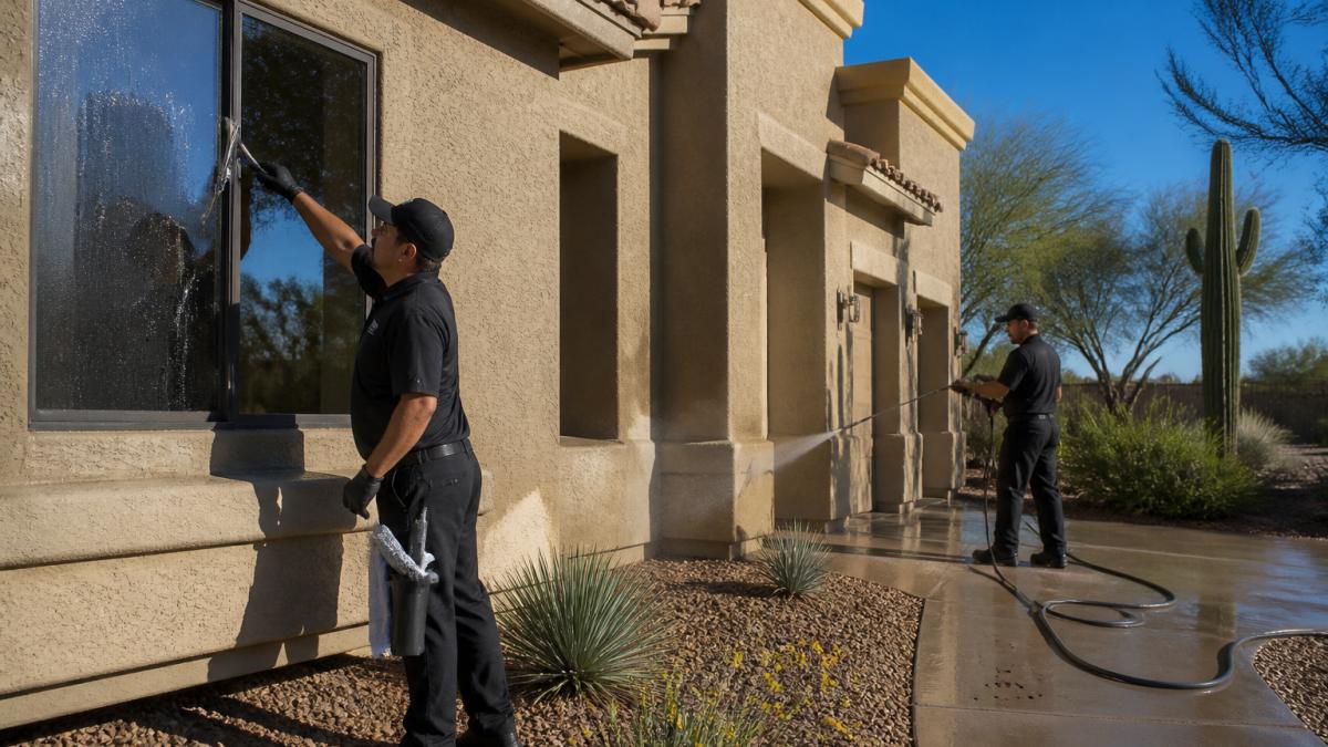 A professional exterior maintenance crew in branded uniforms cleaning windows and pressure washing the exterior of a Southwestern-style home with desert landscaping in the background
