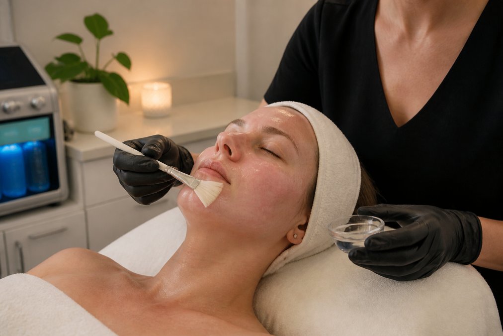 Professional illustration showing Client for professional facial treatments for rosacea