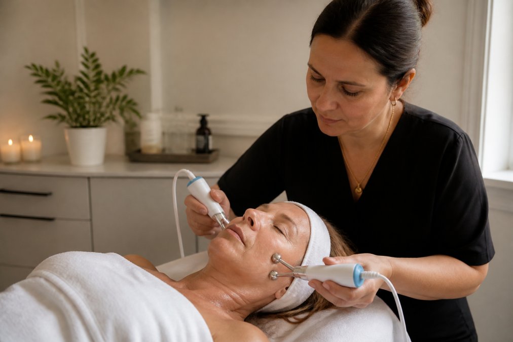 Esthetician performing professional facials for mature skin in a calm, neutral-toned spa treatment room.