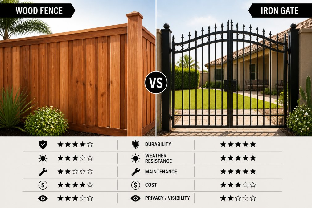 Close-up of a freshly installed wood privacy fence and a wrought iron gate side by side in a sunny South Texas backyard, showing warm-toned cedar wood grain next to black powder-coated iron bars under bright midday sunlight