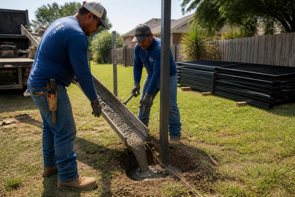 Two professional fence installers in work boots and safety gear pouring concrete mix into a post hole in a residential yard, with fence panels stacked nearby under bright South Texas afternoon sunlight