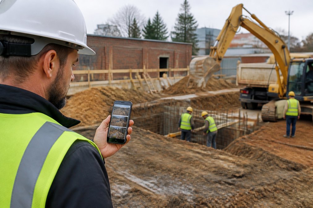 Professional field inspector holding an Android smartphone on an active construction site, reviewing geotagged photos with visible timestamps and location data displayed on the screen, with construction equipment and site activity visible in the background