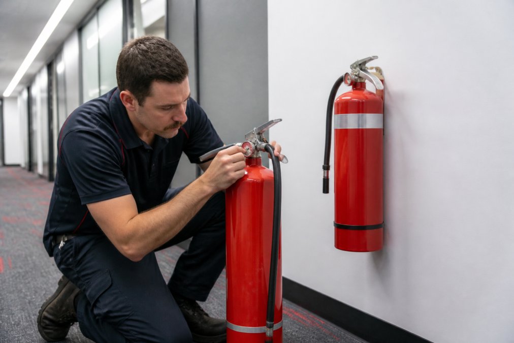 Professional technician performing annual fire extinguisher servicing in commercial building, checking pressure gauge and inspecting cylinder for damage