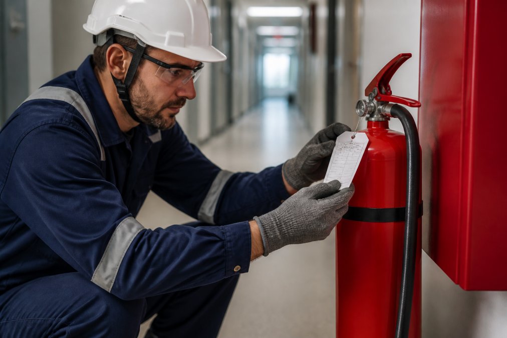 Close-up of a fire extinguisher being inspected and tagged by a technician wearing safety gear in a commercial building corridor with fluorescent lighting
