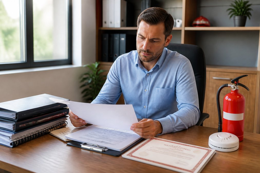 Property manager reviewing fire safety documentation and inspection reports at a desk with a laptop, file folders, and compliance certificates in a bright office setting