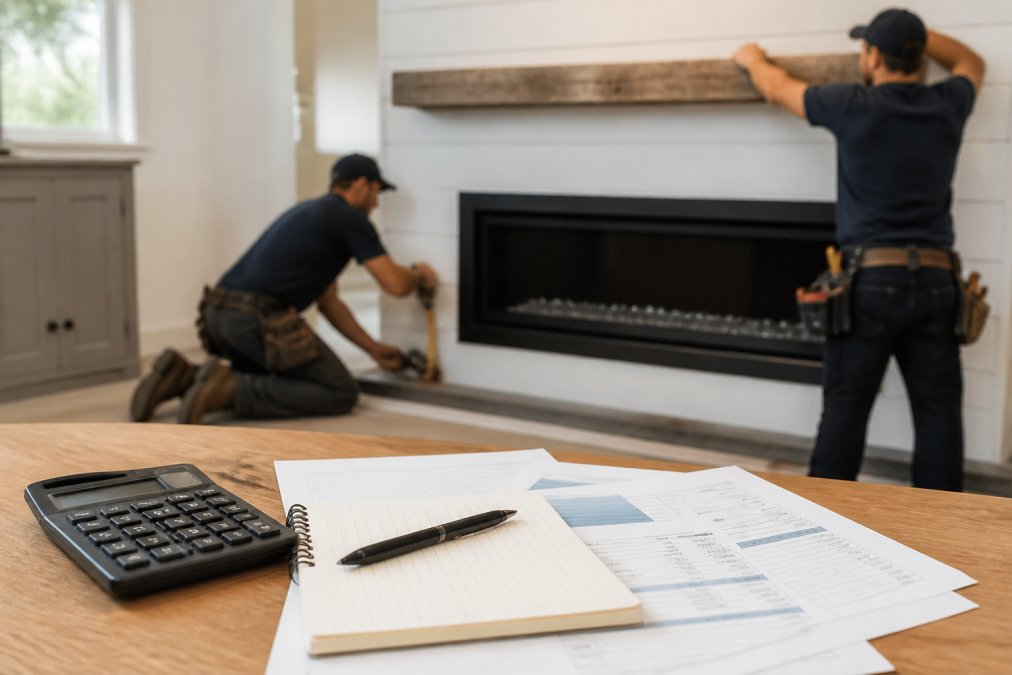 A licensed technician in a modern living room connecting a flexible gas line to a linear direct-vent fireplace while a second worker mounts the surround and mantel