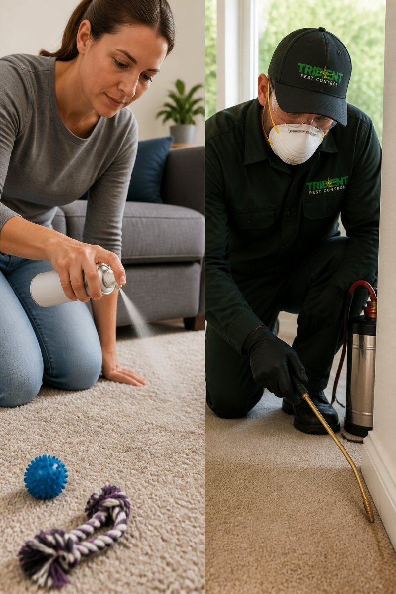 Close-up of a homeowner in casual clothing spraying a DIY flea treatment aerosol onto residential carpet in a living room, with pet toys and furniture visible in soft natural window lighting