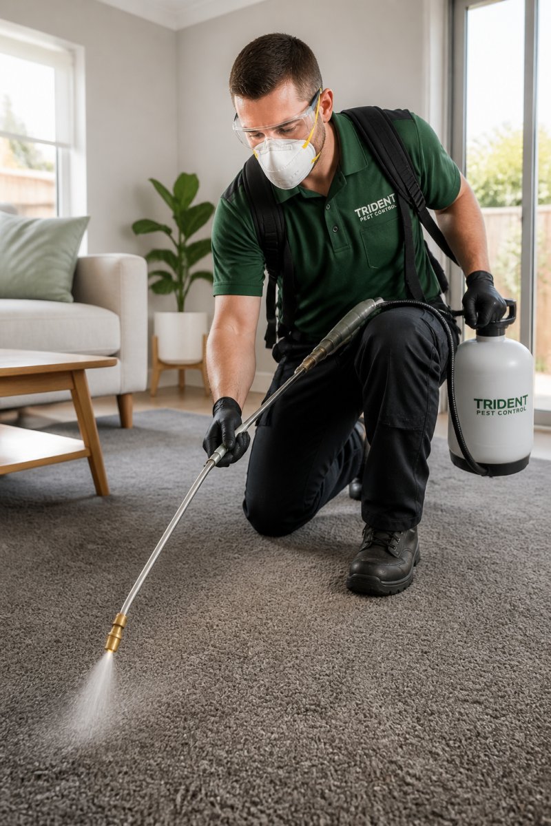 Licensed pest control technician in uniform applying professional-grade treatment solution to residential carpet using professional equipment, with safety gear visible and home interior in background with natural lighting