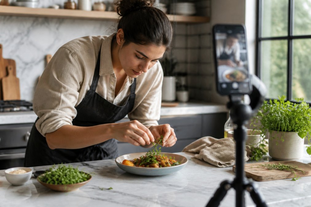 A food stylist arranging a plated dish with fresh herbs and props on a marble countertop, with a smartphone on a tripod ready to capture the shot