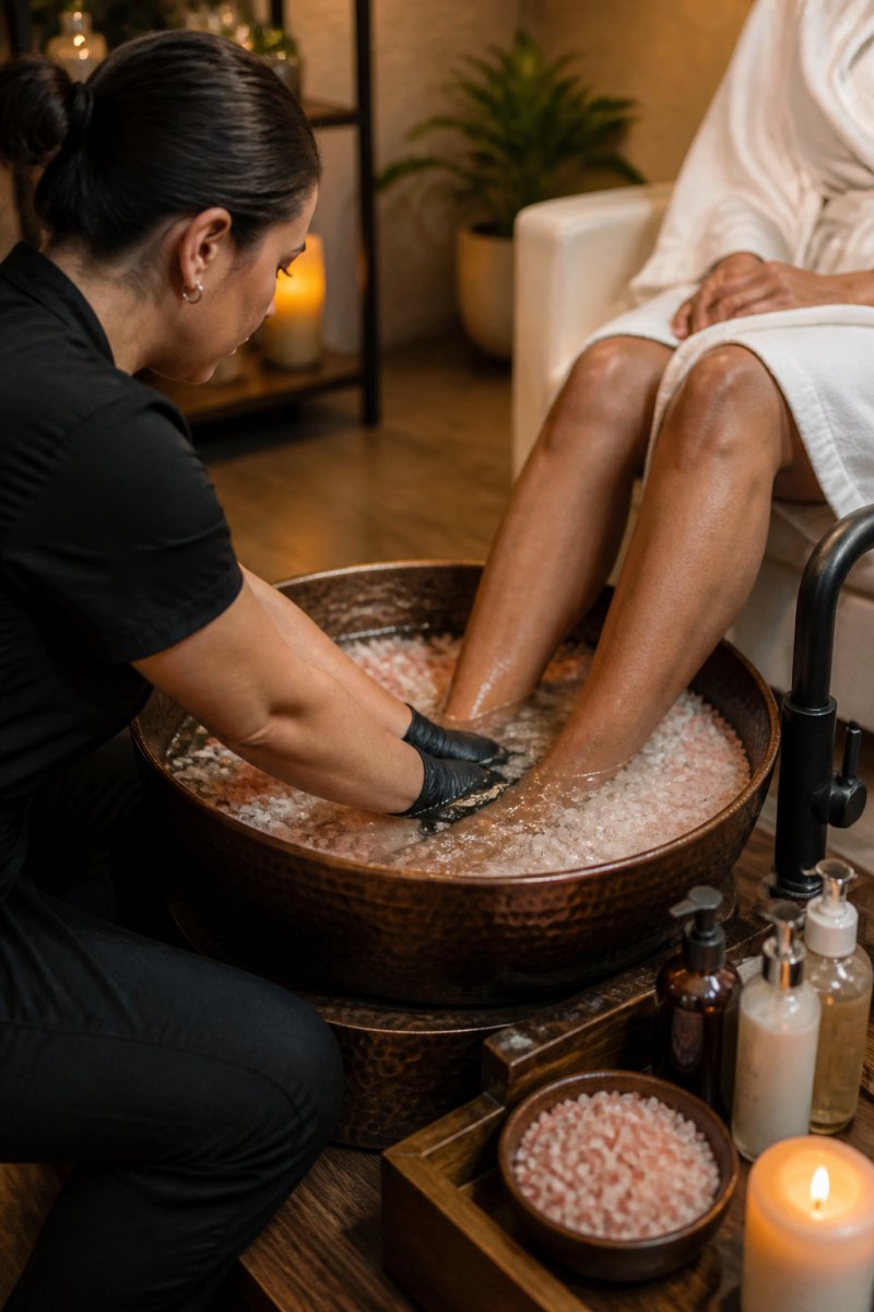 Nail technician performing a warm mineral foot soak for a client in a relaxing spa setting